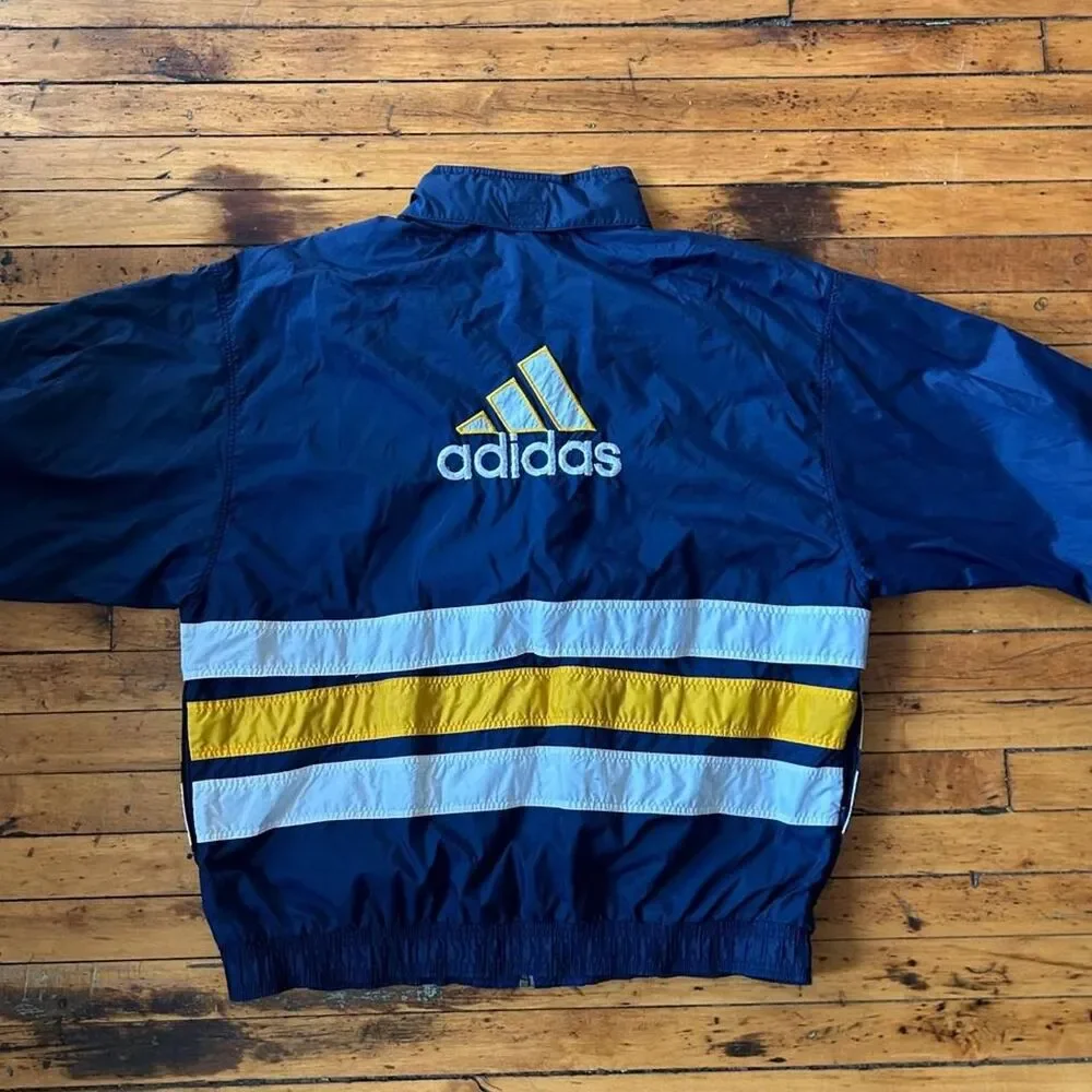 Vintage 90s Adidas Windbreaker Jacket Navy Blue Yellow Full Zip XXL